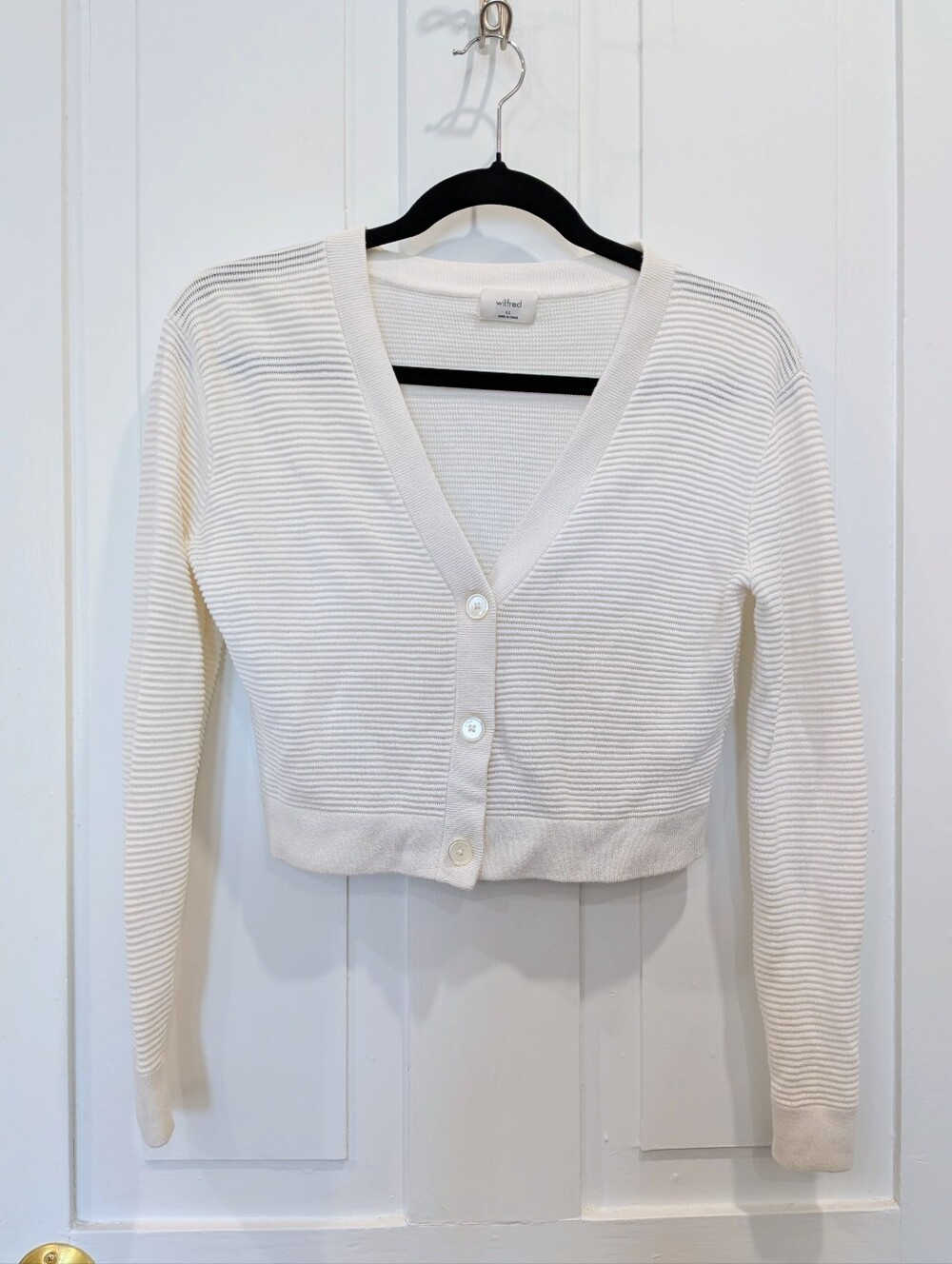 Wilfred Cream Cropped V-Neck Ribbed Cardigan Linen Blend | Xs - Picture 3 of 6
